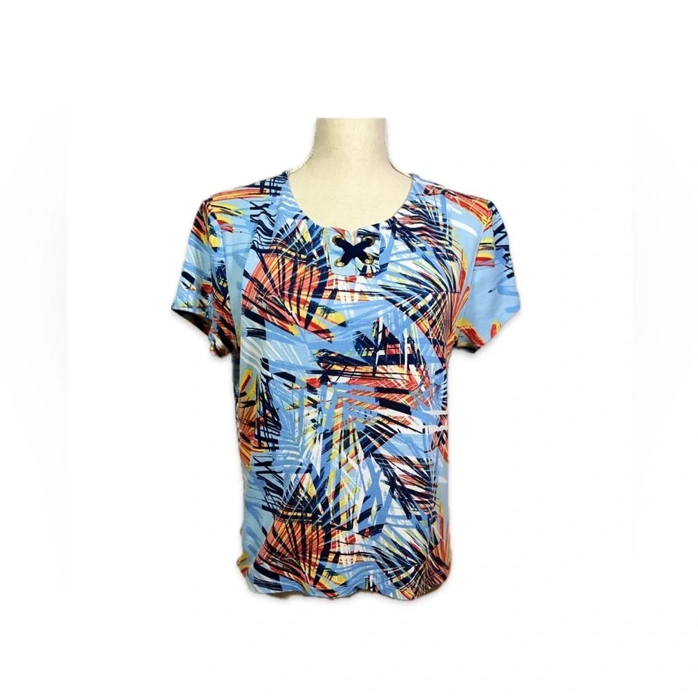 Rafaella Short Sleeve Top Size Petite Large Blue and Orange Graphic Design